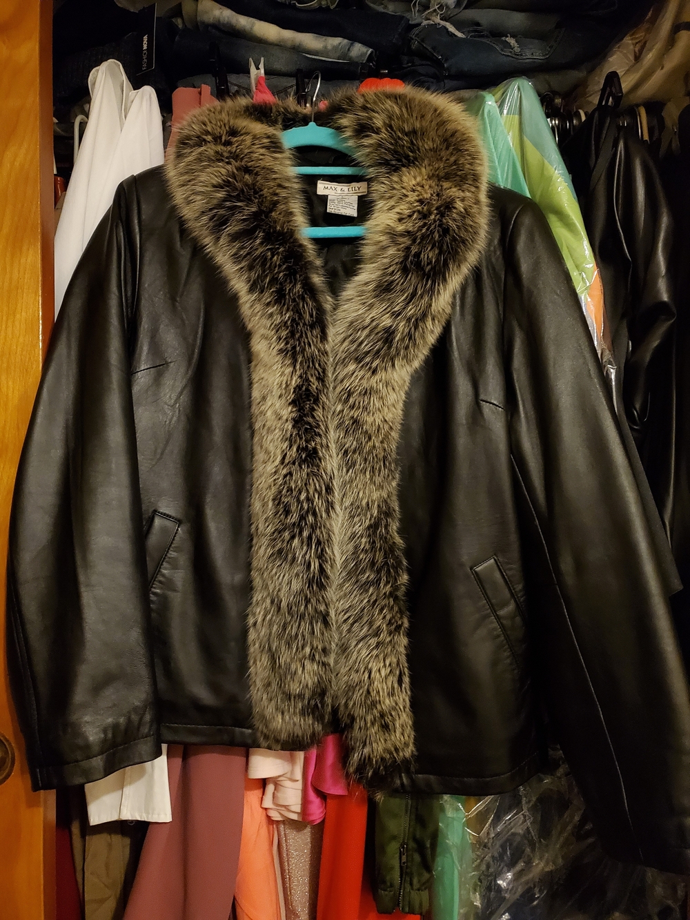 Women's Black Leather Jacket with Fox Fur Trim